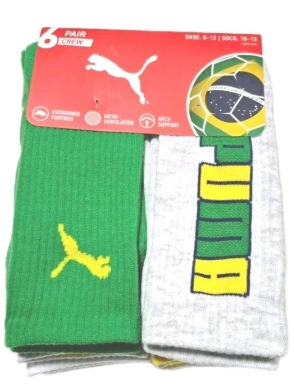 PUMA: MEN'S: (6) PACK: BRAZIL: CREW SOCKS: SOCCER: SIZE: 10-12: BRAND NEW